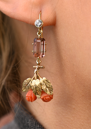 Coral Roses set with Pink Spinel & White Sapphires in 14 Karat Gold