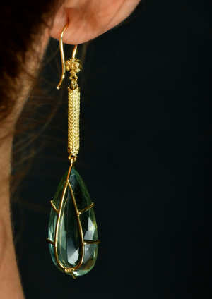 Green Amethyst & Excavated Gold Earrings