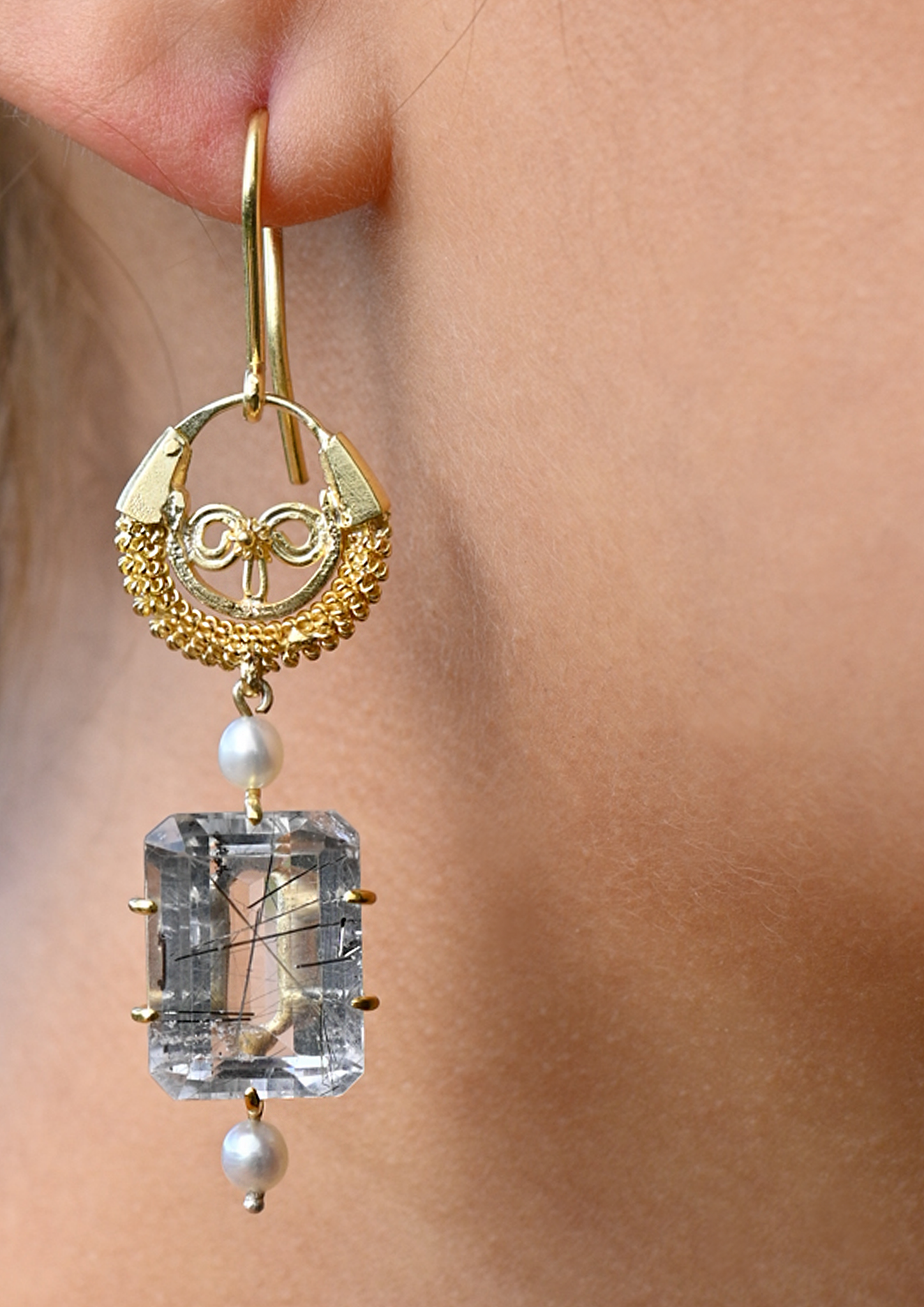 Creolla Earrings with Tourmilated Quartz & Seed Pearl Earrings