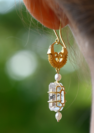 Creolla Earrings with Tourmilated Quartz & Seed Pearl Earrings