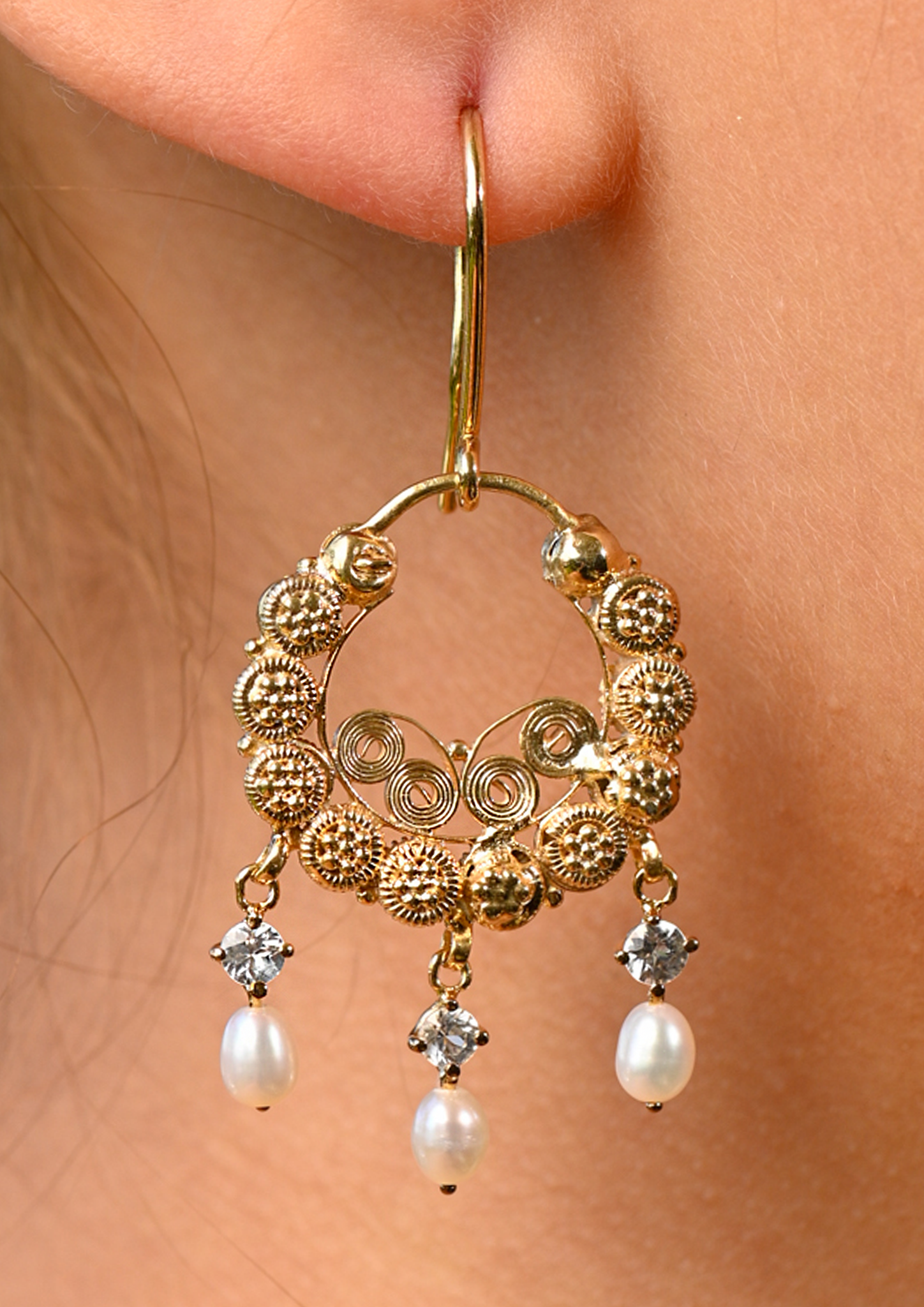 Creolla Earrings with White Sapphires & Seed Pearls