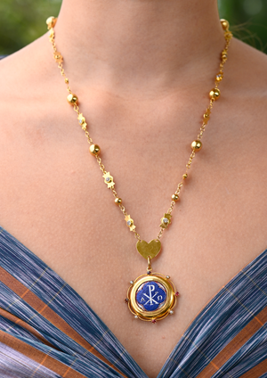 Gold Roman Micro Mosaic Peace Talisman Necklace with Ilocano Art Deco Necklace