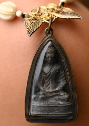 Vintage Bronze & Copper Thai Buddha on Ivory & Coconut Necklace