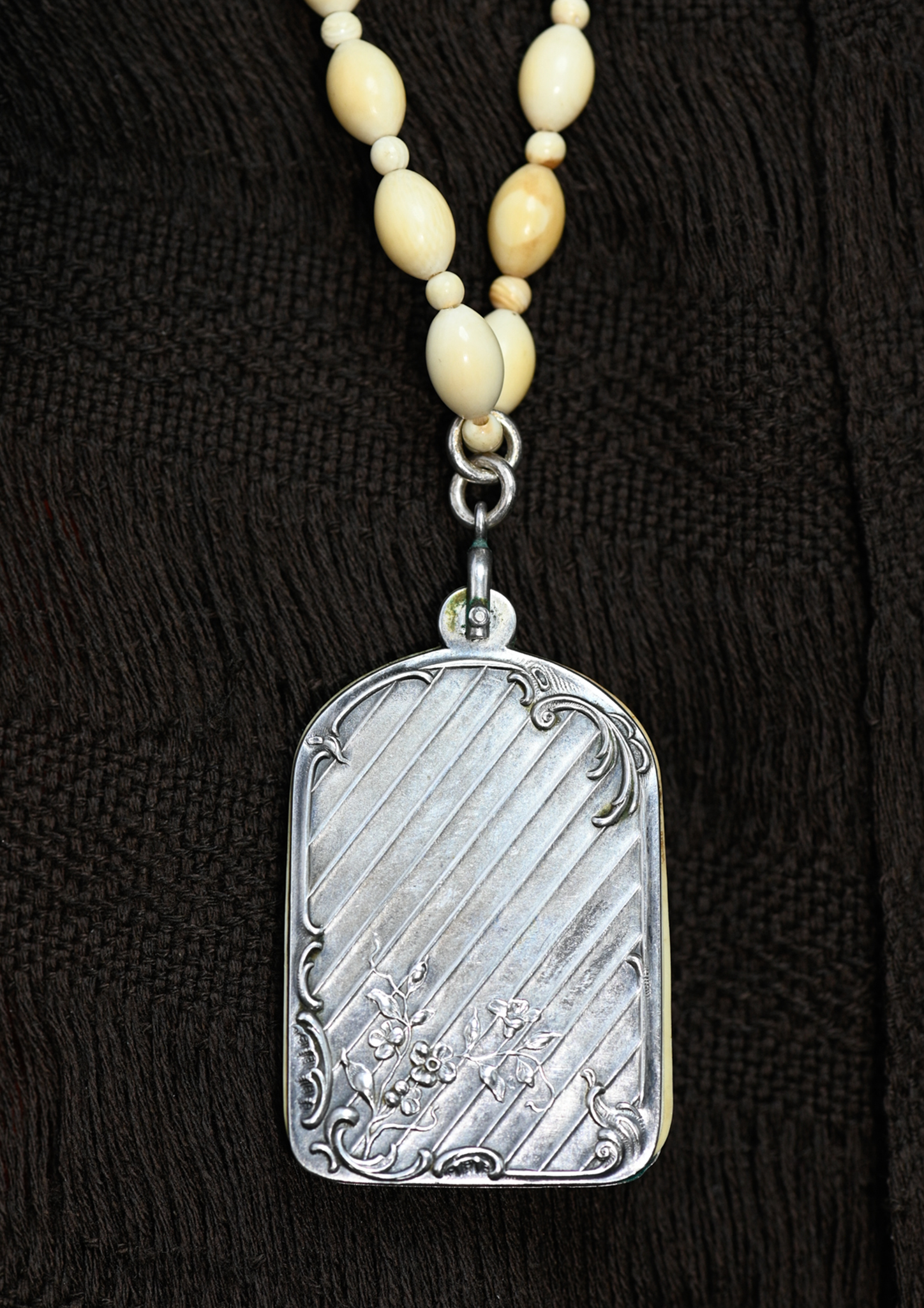 19th Century Ivorine Dance Card in Repousse Sterling Silver with Antique Ivory Bead Necklace