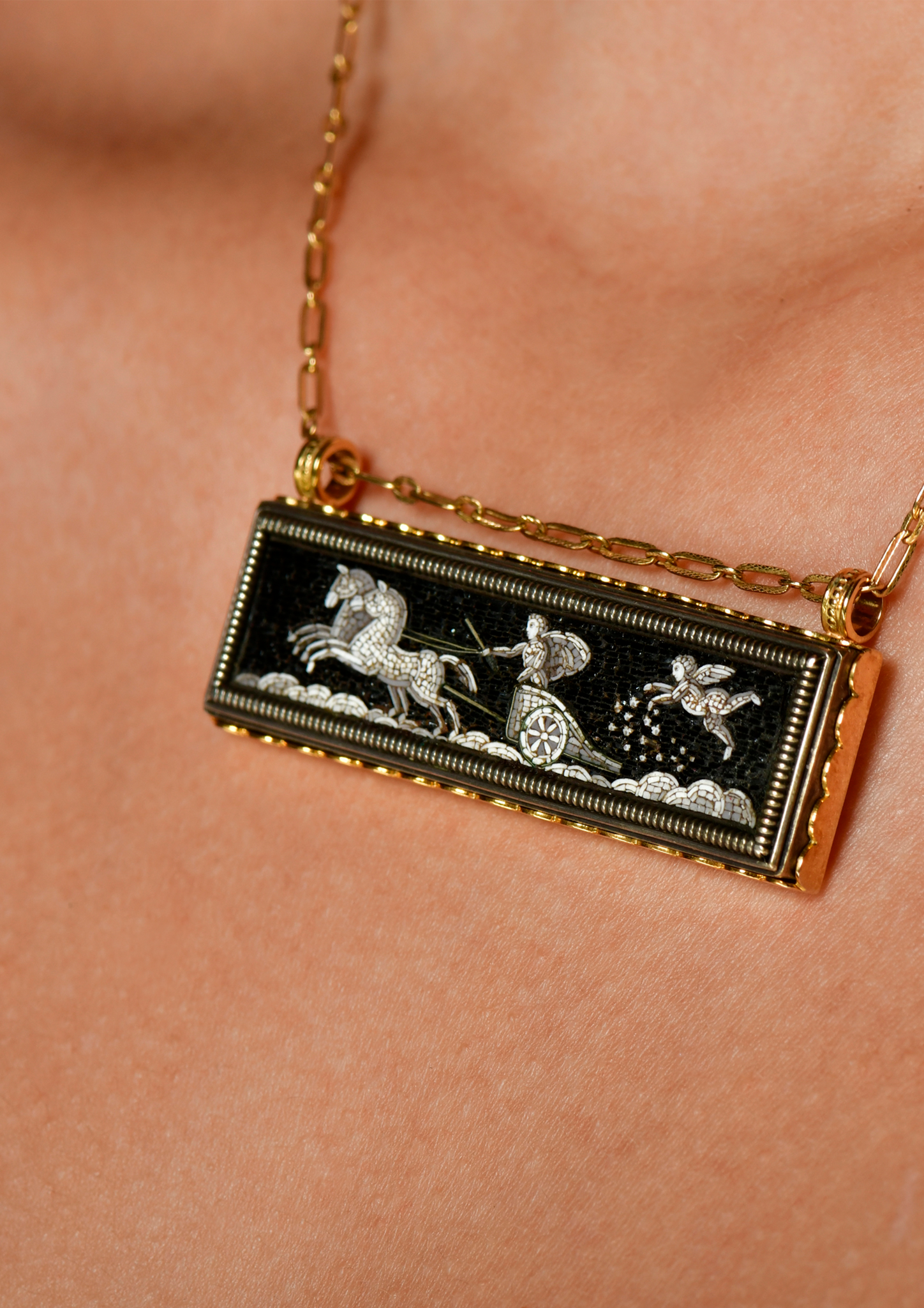 Necklace of Micro-mosaic of Cupid & Hermes in 18 Karat Gold & Silver