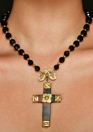 Rare 18th Century Gold & Tortoise Cross hung on Onyx & Gold Chain